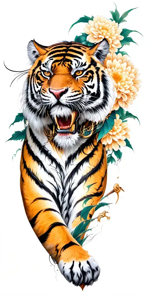 Samurai, chrysanthemum, tiger surrounded tattoo design idea