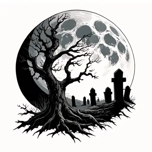 solid black moon above horizon, dead tree, grave stones, grim reaper  tattoo design idea