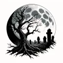 solid black moon above horizon, dead tree, grave stones, grim reaper  tattoo design idea