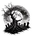solid black moon above horizon, dead tree, grave stones, grim reaper  tattoo design idea