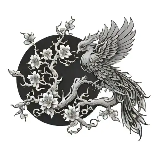 Japanese blossom tree and phoenix rising tattoo design idea