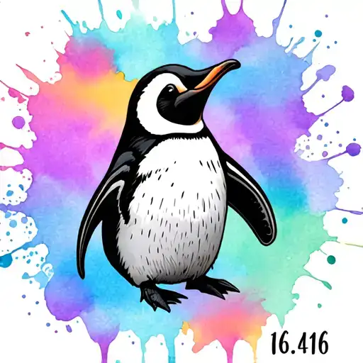 single penguin with a soft pastel rainbow watercolor splash background. Include the date 16.4.16 tattoo design idea
