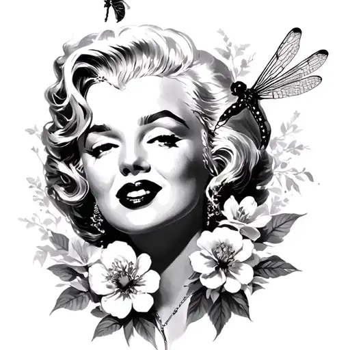 marilyn monroe and dragon flies and flowers tattoo design idea