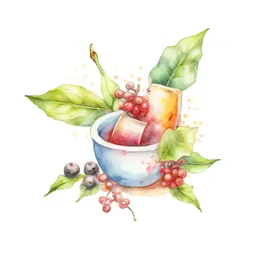 A mortar with bay leaves and berries in watercolour sketch with imaginary lines and dots tattoo design idea