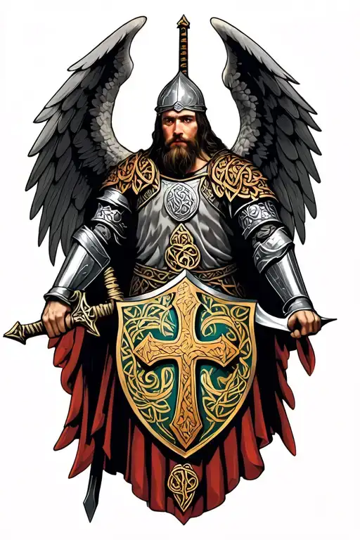 Celtic knight with wings and sword with cross shield  tattoo design idea