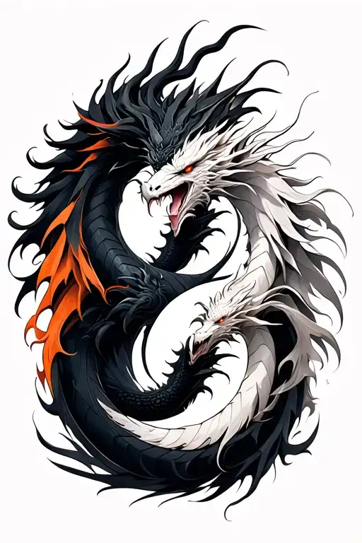 "Create a minimalist tattoo design featuring two dragons, one black and one white, forming a yin-yang symbol. The design tattoo design idea