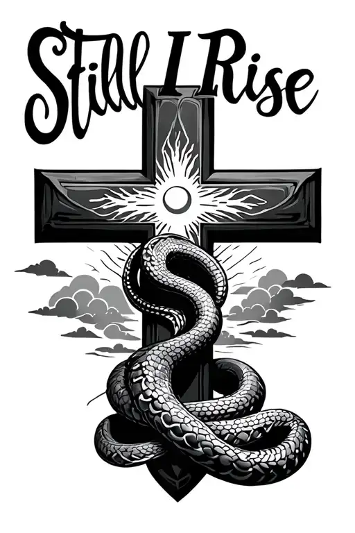 "Still I Rise" Cross with a snake wrapped around. Clouds below and the sun above.  tattoo design idea