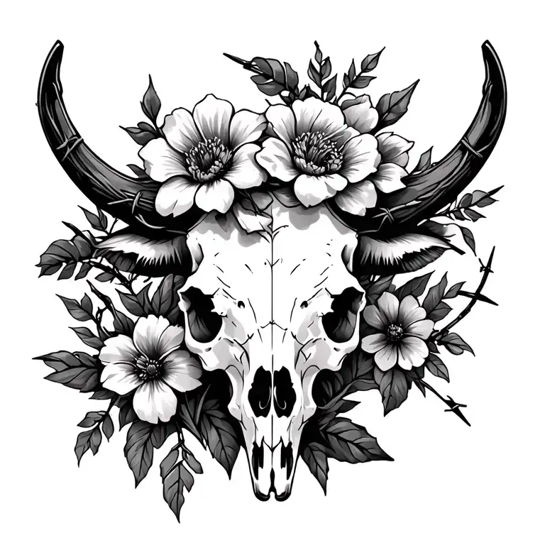 flowers, barbed wire and a cow skull tattoo design idea