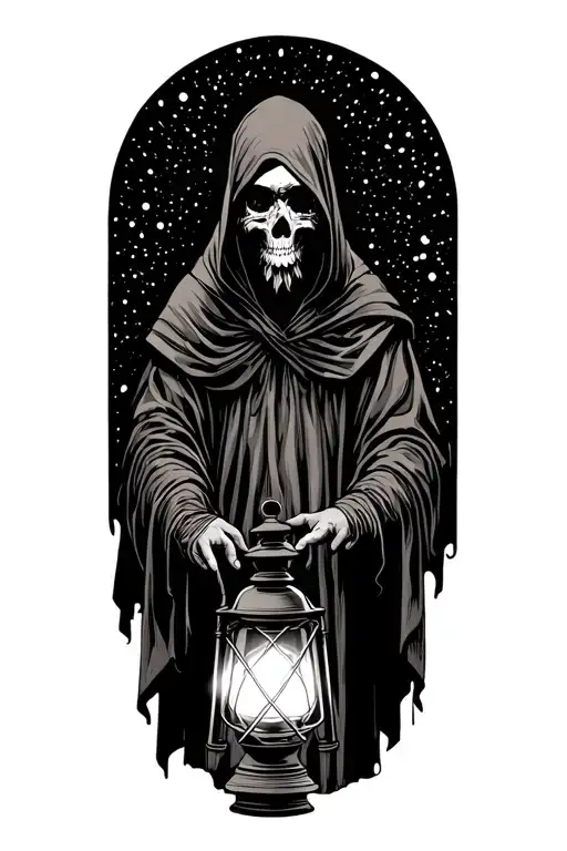 The hermit tarot walking sideways in darkness holding a lantern thats emitting light. Skull face cloaked in hood tattoo design idea