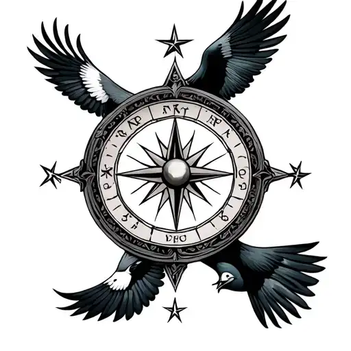 Gemini stars time compass two birds flying tattoo design idea