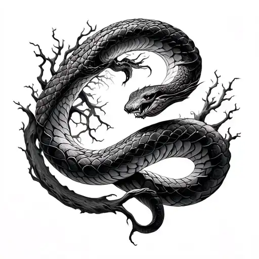 Yggdrasil and Snake: The World Tree, Yggdrasil, as the central focus of the tattoo, with a serpent like Níðhöggr coiling tattoo design idea