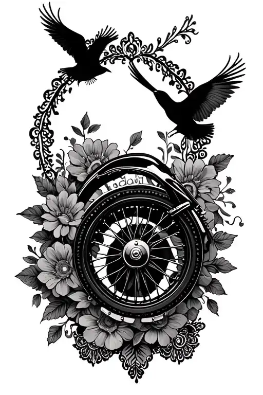 floral lace with motorcycle wheel and birds flying tattoo design idea