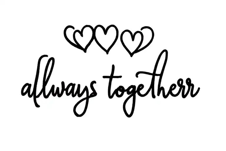 a landscape design: four heart at the top then below it is a cursive phrase saying "always together tattoo design idea