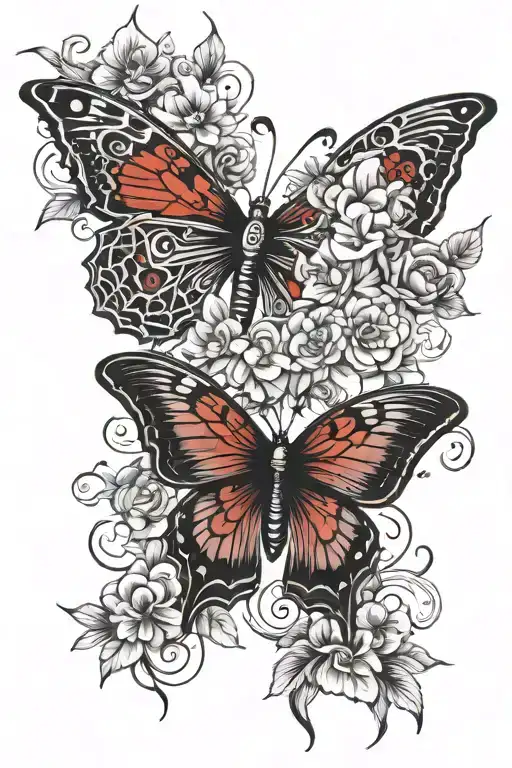 butterfly's and flowers and fish and chaos red and black tattoo design idea