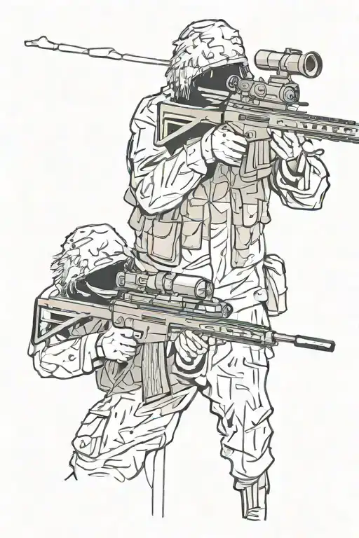 Sniper standing in a ghillie suit holding a sniper rifle tattoo design idea
