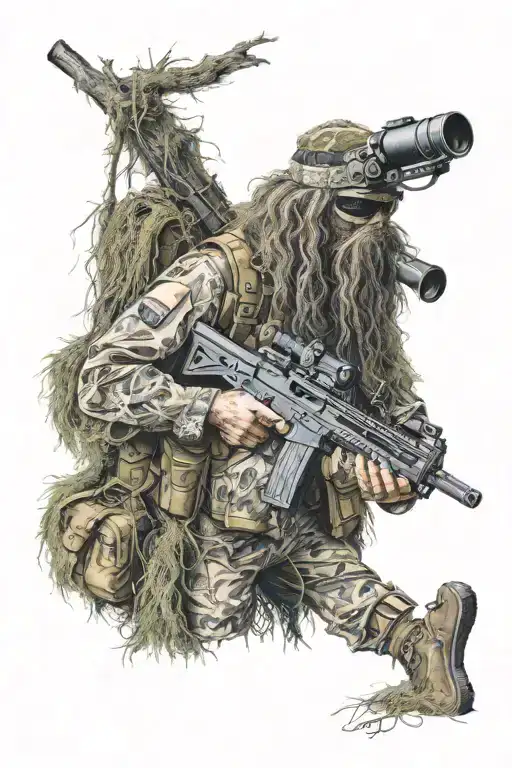 Sniper standing in a ghillie suit  tattoo design idea