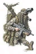Sniper standing in a ghillie suit  tattoo design idea