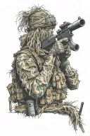 Sniper standing in a ghillie suit  tattoo design idea