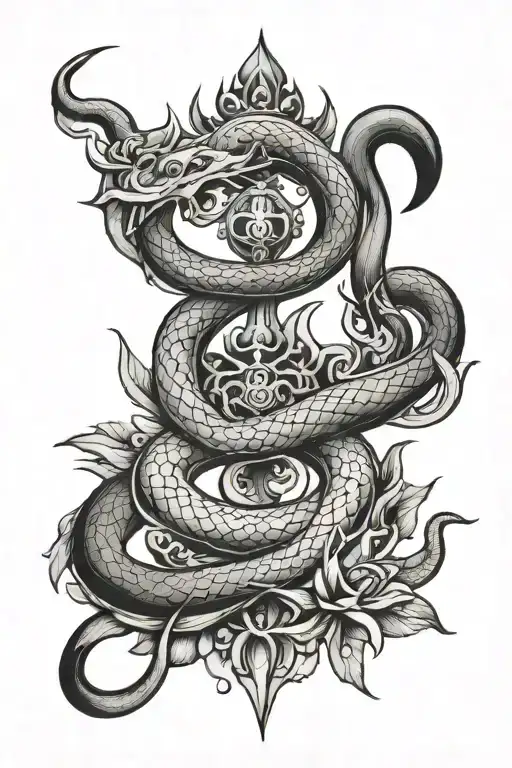 Make a tattoo consisting of trishul, gaitri mantra, snake, damru (denoting Shiva) tattoo design idea