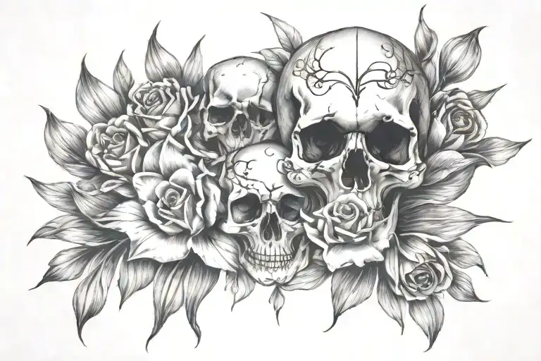 lilly ,rose, tulip, skull soft shading incorporating elements tattoo design idea