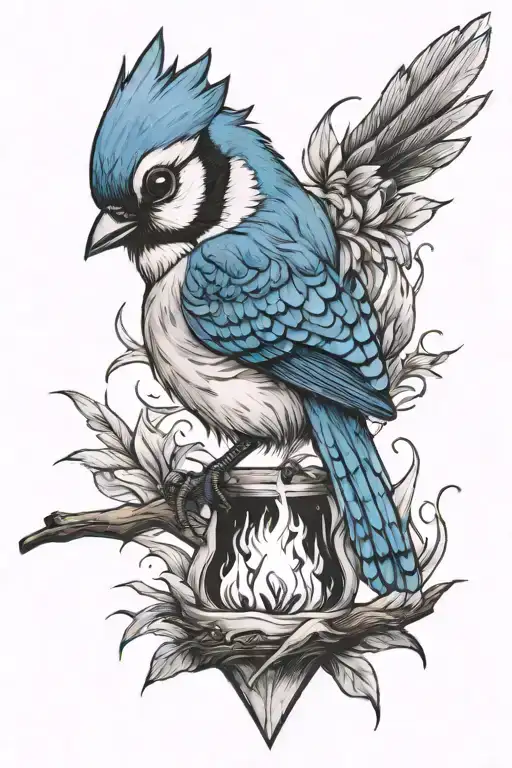 bonfire with bluejay tattoo design idea