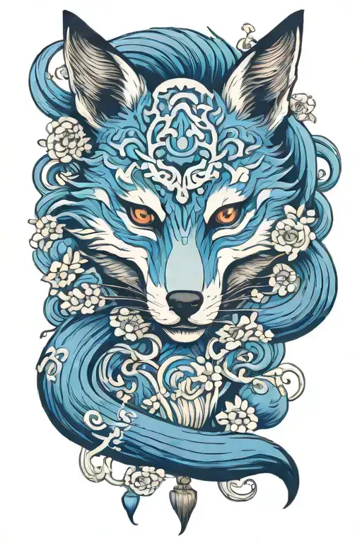 Fox spirit with blue spirit orbs tattoo design idea