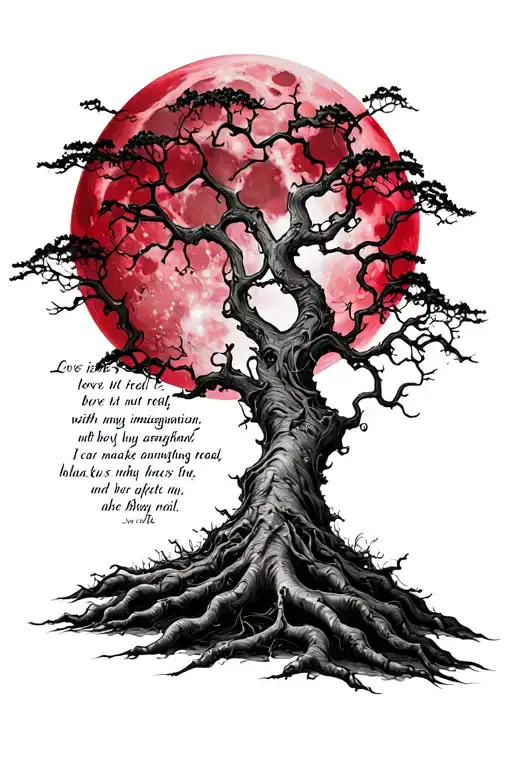 posion tree with red moon with a quote "love isn't real, but with my imagination, I can make anything real  tattoo design idea