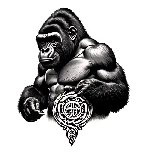 Tattoo Design: Nigerian Jungle Gorilla with Yoruba Symbol	•	Style: Detailed blackwork	•	Format: Vertical panel (ideal tattoo design idea