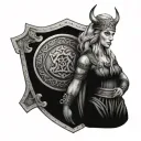 highly detailed Viking shield maiden with a crown and the name Sonia on the shield.  tattoo design idea