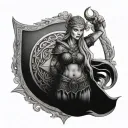 highly detailed Viking shield maiden with a crown and the name Sonia on the shield.  tattoo design idea