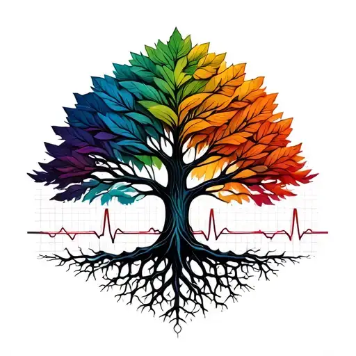 Tree EKG with colorful leaves and roots tattoo design idea