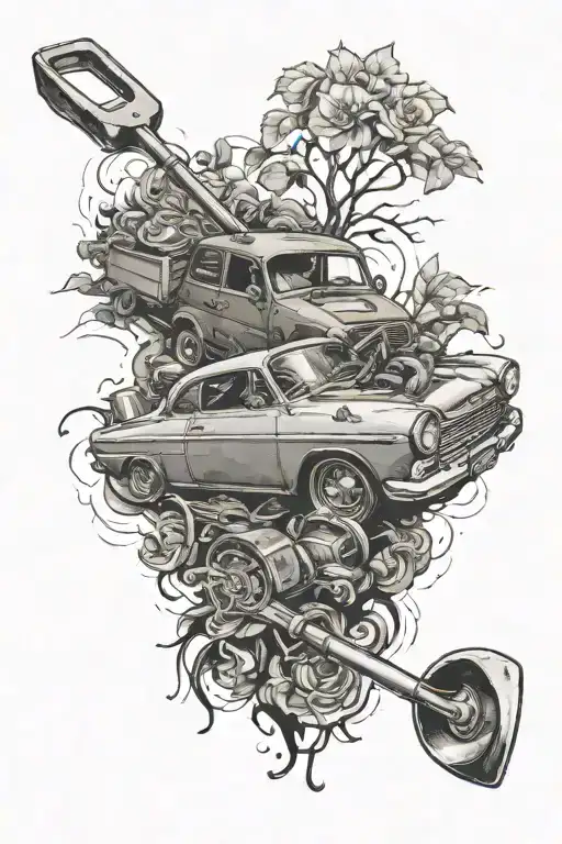 imagine a tattoo that represents a woman with a car and a shovel tattoo design idea