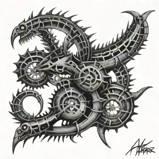 centipede, mad max style, mechanic, industrial, abstract, pattern, chaos, tattoo design idea
