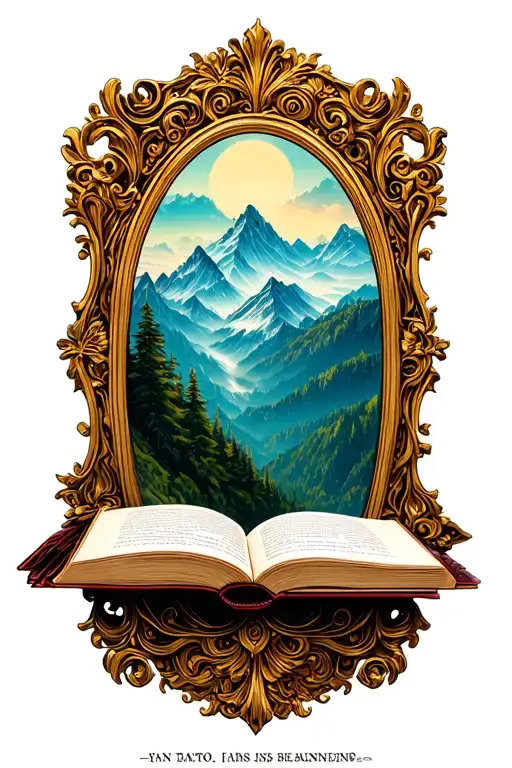 open book below mountain hollow with simple baroque gold frame tattoo design idea