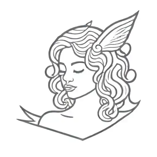 A black and purple minimalist tattoo of an angel with devil horns and curly hair tattoo design idea