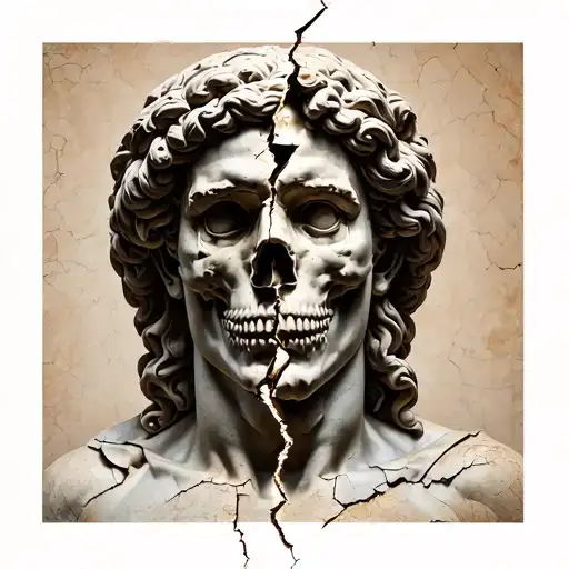 a Ancient Greek statue cracked in 2 pieces ,in the middle of the pieces there is half skull and half anonymous  tattoo design idea