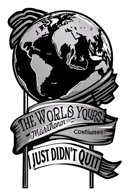 The World Is Yours Globe with The Marathon Continues Flags Underneath it and the text "I Just Didn't Quit" below flags tattoo design idea