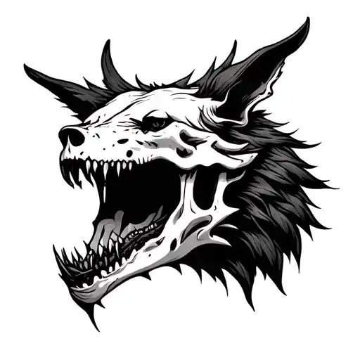wolf skull, teeth showing head renaissance era design revolving tattoo design idea