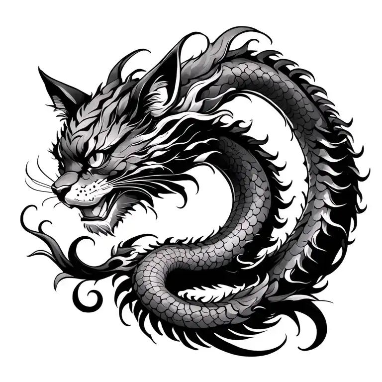 a spiraling back cat like Chinese dragon. tattoo design idea