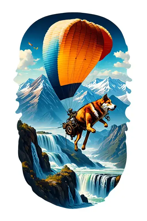 All the right arm. Mountain, paragliding, wolf dog, hieroglyph, gear, steampunk, riceieres, waterfalls tattoo design idea