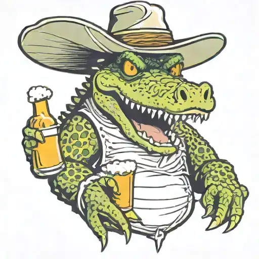 friendly crocodile relaxing wearing a bucket hat and holding a can of beer tattoo design idea