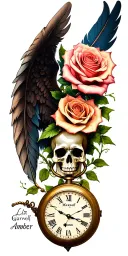 "Liz, Maxwell, Gabriel, Amber"  tree, skull, pocket watch, rose, feather, angel wings tattoo design idea