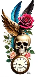 "Liz, Maxwell, Gabriel, Amber"  tree, skull, pocket watch, rose, feather, angel wings tattoo design idea