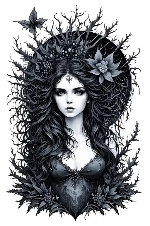 gothic feminine forest style design tattoo design idea