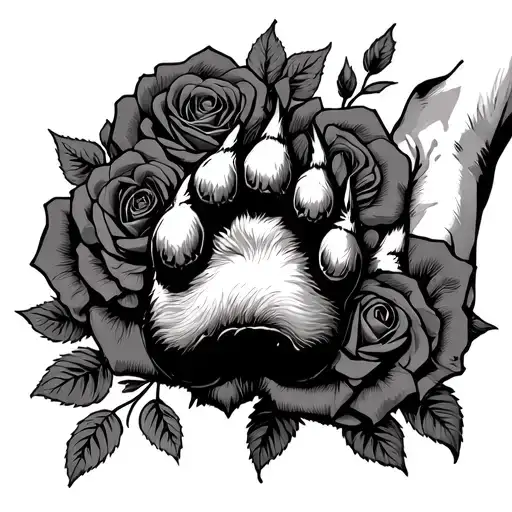 dog paw in human hand surrounded by roses tattoo design idea