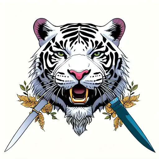 Sundanese kujang piercing a white tiger similar to knife piercing a panther in american traditional style tattoo design idea