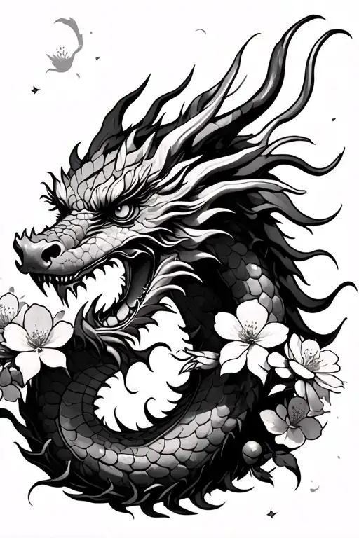 Japanese dragon that is bruised up and beaten with Cherry blossom flowers around 4x4 tattoo design idea