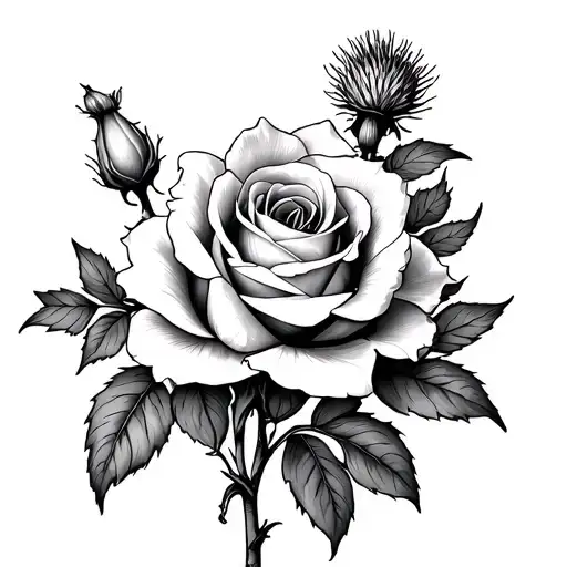 bougainvillea, rose of Lancaster, thistle intertwined tattoo design idea