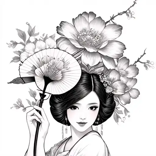 Japanese flowers with a fan in her hand tattoo design idea