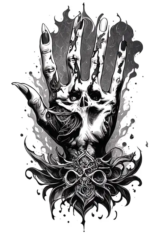 Make a sketch of a tattoo on your hand, in a gothic dark chaos style, with thin contours tattoo design idea